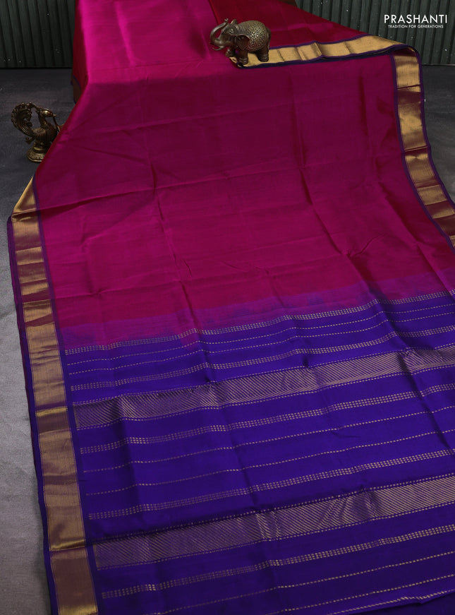 Silk cotton saree magenta pink and blue with plain body and zari woven border