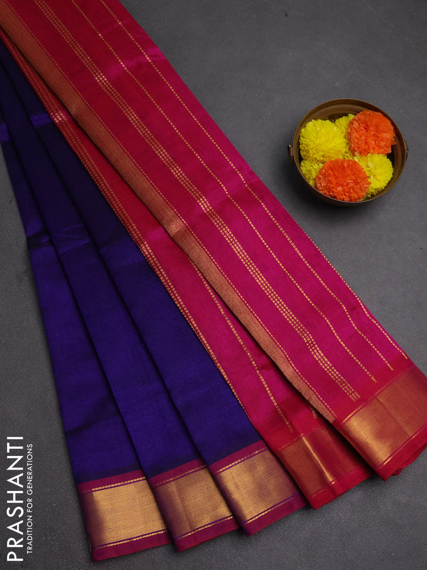 Silk cotton saree dark blue and pink with plain body and zari woven border