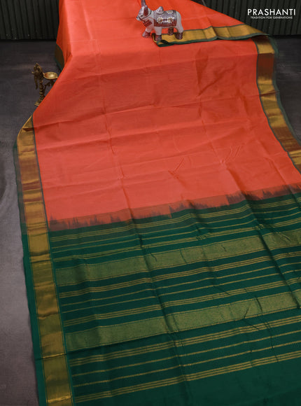 Silk cotton saree peach orange and green with plain body and zari woven border