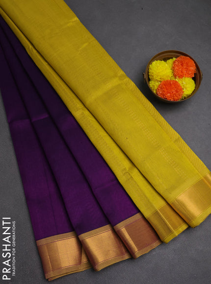 Silk cotton saree purple and lime yellow with plain body and zari woven border