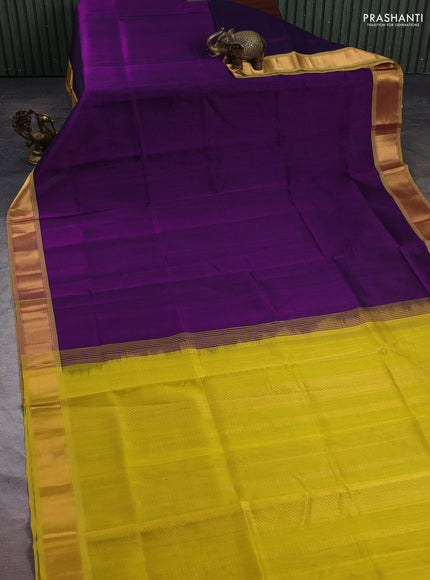 Silk cotton saree purple and lime yellow with plain body and zari woven border