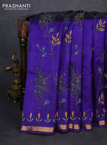 Silk cotton saree violet with allover convent embroidery weaves and zari woven border