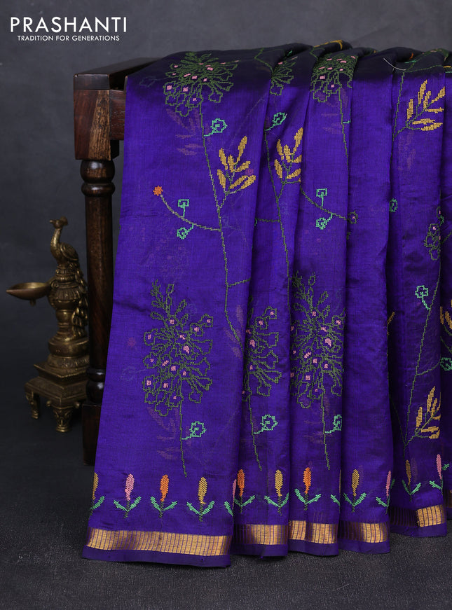 Silk cotton saree violet with allover convent embroidery weaves and zari woven border