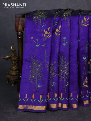 Silk cotton saree violet with allover convent embroidery weaves and zari woven border