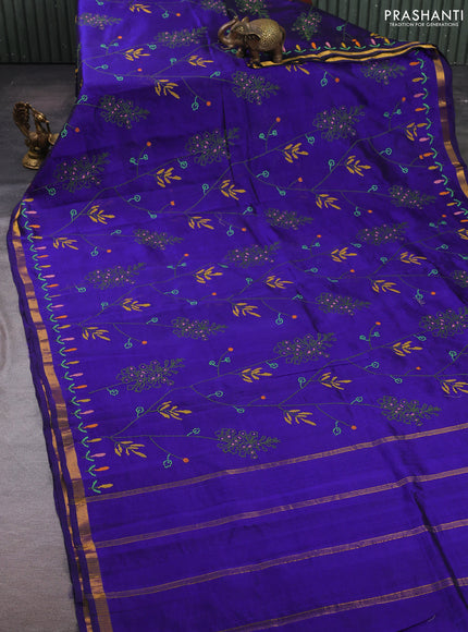 Silk cotton saree violet with allover convent embroidery weaves and zari woven border