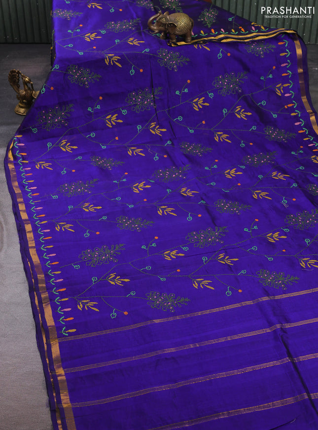 Silk cotton saree violet with allover convent embroidery weaves and zari woven border