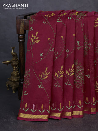 Silk cotton saree maroon with allover convent embroidery weaves and zari woven border