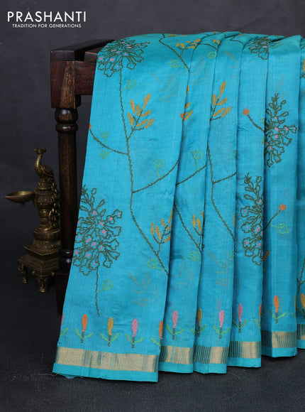 Silk cotton saree cs blue with allover convent embroidery weaves and zari woven border