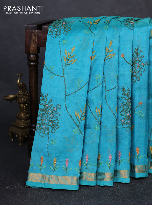 Silk cotton saree cs blue with allover convent embroidery weaves and zari woven border
