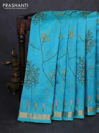 Silk cotton saree cs blue with allover convent embroidery weaves and zari woven border