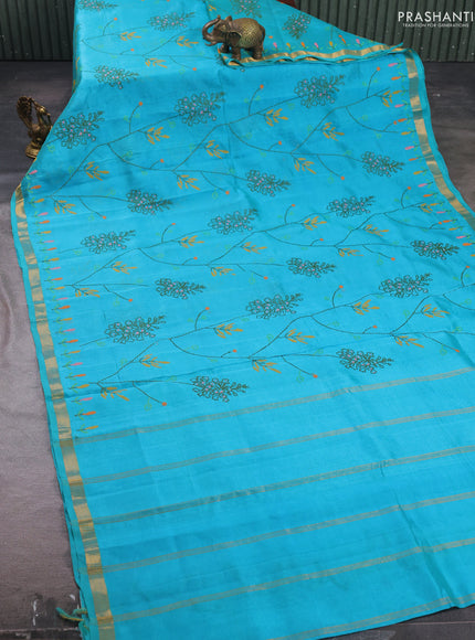Silk cotton saree cs blue with allover convent embroidery weaves and zari woven border