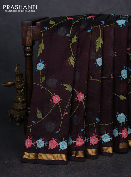 Silk cotton saree deep jamun with allover convent embroidery weaves and zari woven border