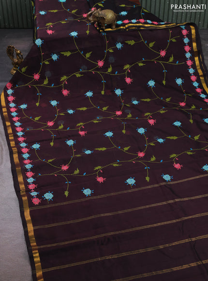 Silk cotton saree deep jamun with allover convent embroidery weaves and zari woven border