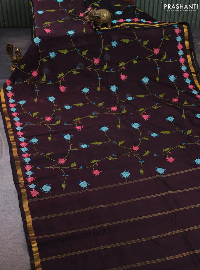 Silk cotton saree deep jamun with allover convent embroidery weaves and zari woven border
