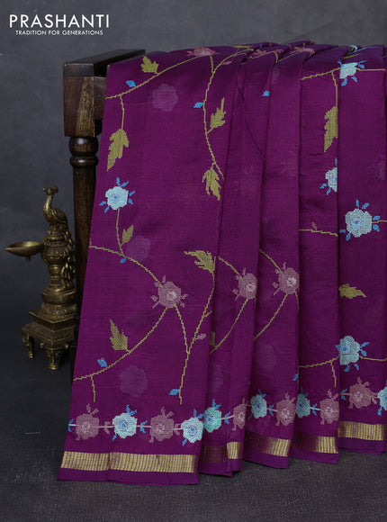 Silk cotton saree purple with allover convent embroidery weaves and zari woven border
