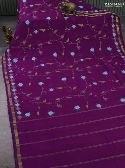 Silk cotton saree purple with allover convent embroidery weaves and zari woven border
