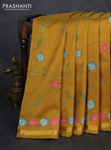 Silk cotton saree mustard yellow with allover convent embroidery weaves and zari woven border