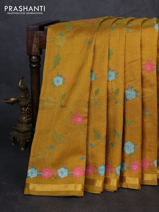 Silk cotton saree mustard yellow with allover convent embroidery weaves and zari woven border