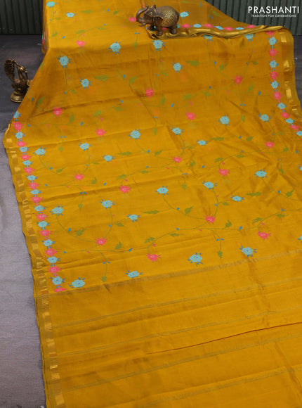 Silk cotton saree mustard yellow with allover convent embroidery weaves and zari woven border