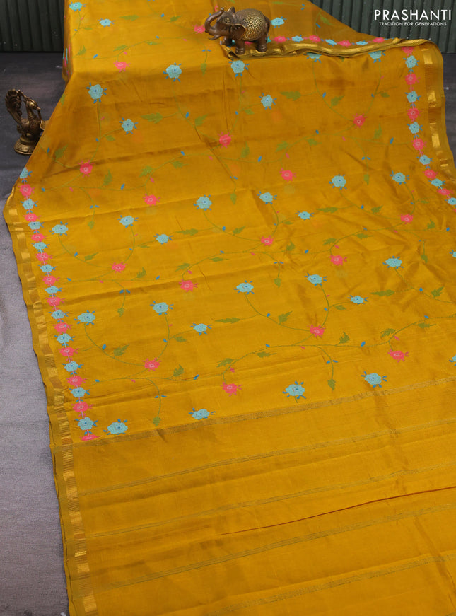 Silk cotton saree mustard yellow with allover convent embroidery weaves and zari woven border