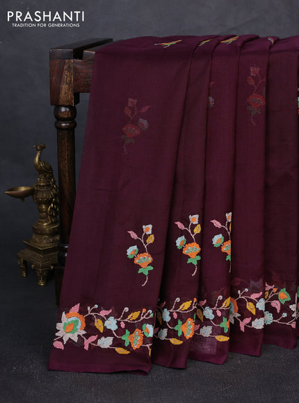 Silk cotton saree deep wine shade with floral convent embroidery buttas and embroidery border