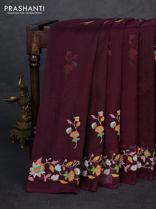 Silk cotton saree deep wine shade with floral convent embroidery buttas and embroidery border