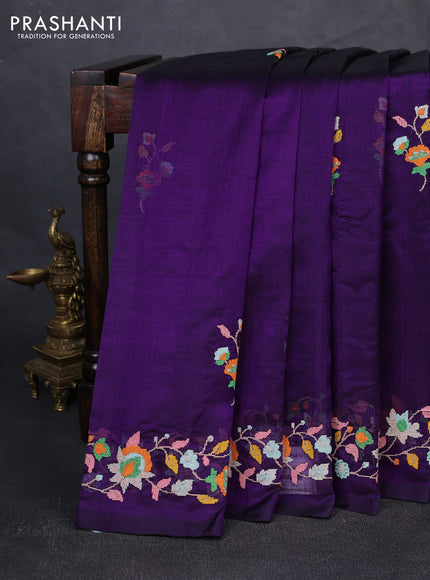 Silk cotton saree violet with floral convent embroidery buttas and embroidery border