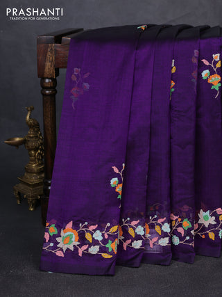 Silk cotton saree violet with floral convent embroidery buttas and embroidery border