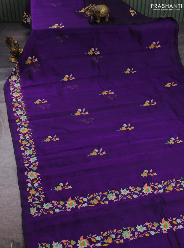 Silk cotton saree violet with floral convent embroidery buttas and embroidery border