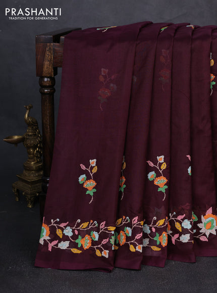 Silk cotton saree deep jamun with floral convent embroidery buttas and embroidery border