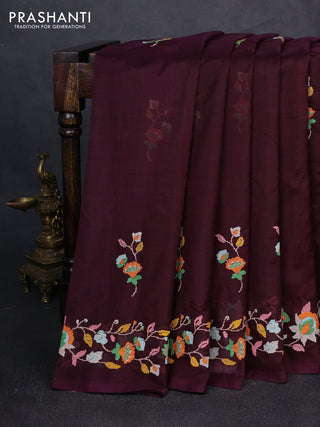 Silk cotton saree deep jamun with floral convent embroidery buttas and embroidery border