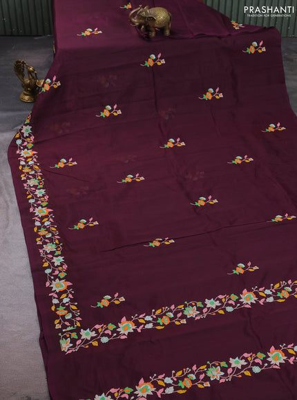 Silk cotton saree deep jamun with floral convent embroidery buttas and embroidery border