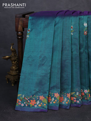 Silk cotton saree peacock green with floral convent embroidery buttas and embroidery border