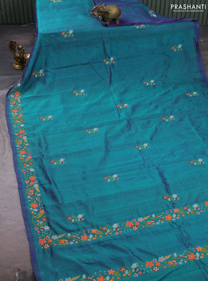 Silk cotton saree peacock green with floral convent embroidery buttas and embroidery border