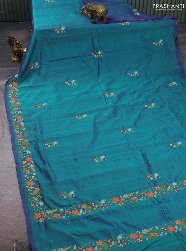 Silk cotton saree peacock green with floral convent embroidery buttas and embroidery border