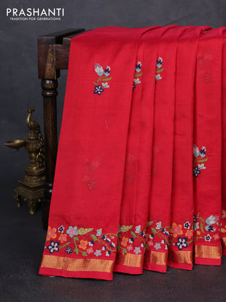 Silk cotton saree maroon with floral convent embroidery buttas and zari woven border