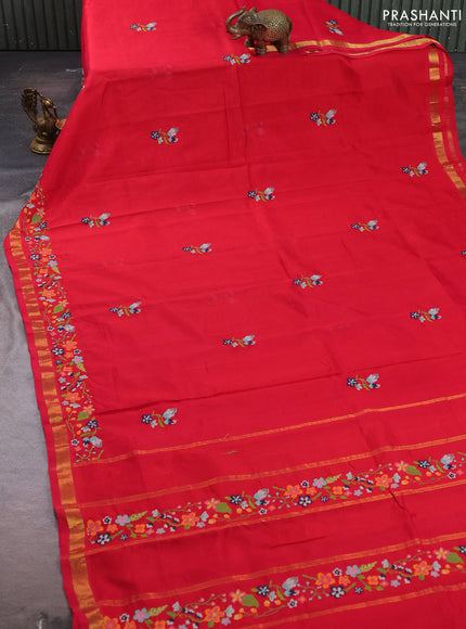 Silk cotton saree maroon with floral convent embroidery buttas and zari woven border