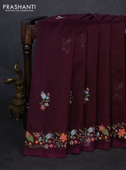 Silk cotton saree deep wine shade with floral convent embroidery buttas and embroidery border