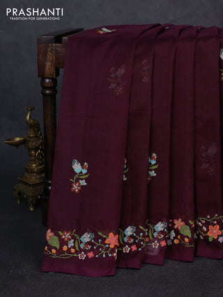 Silk cotton saree deep wine shade with floral convent embroidery buttas and embroidery border
