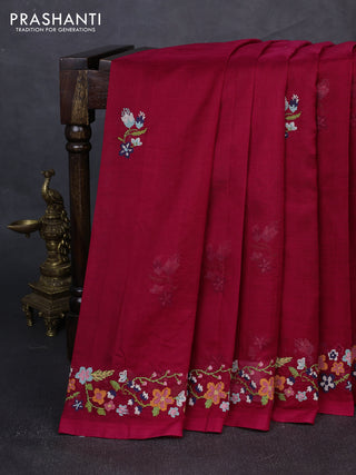 Silk cotton saree red with floral convent embroidery buttas and embroidery border
