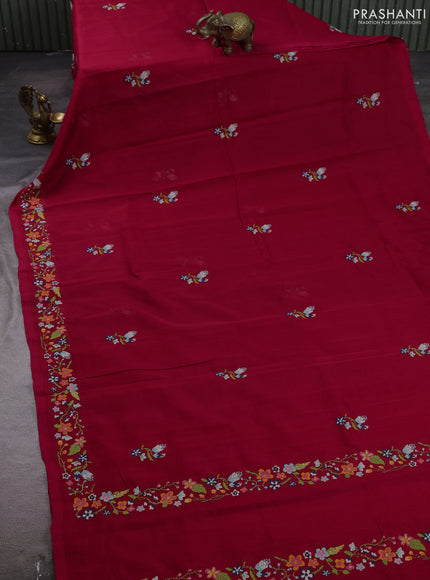 Silk cotton saree red with floral convent embroidery buttas and embroidery border