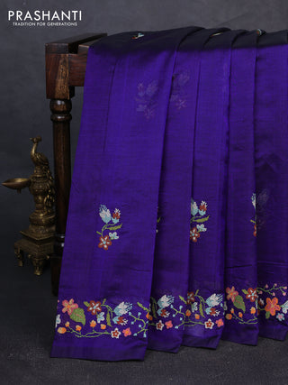 Silk cotton saree violet with floral convent embroidery buttas and embroidery border