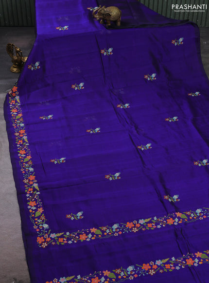 Silk cotton saree violet with floral convent embroidery buttas and embroidery border
