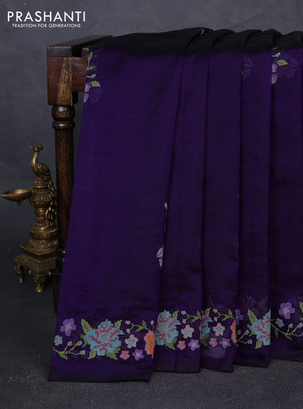 Silk cotton saree violet with floral convent embroidery buttas and embroidery border