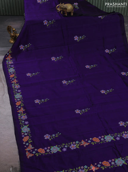 Silk cotton saree violet with floral convent embroidery buttas and embroidery border