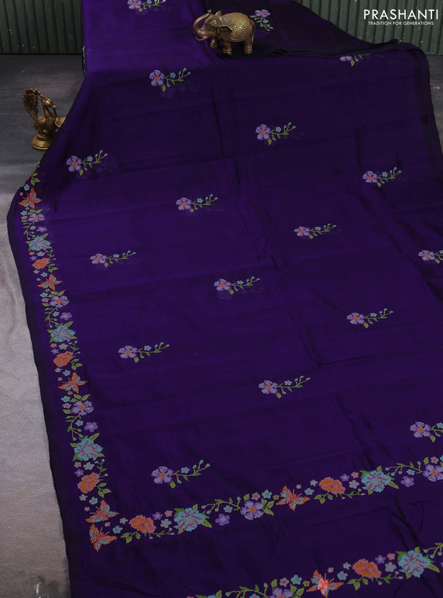 Silk cotton saree violet with floral convent embroidery buttas and embroidery border