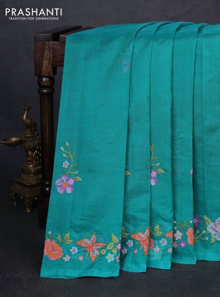 Silk cotton saree teal green with floral convent embroidery buttas and embroidery border