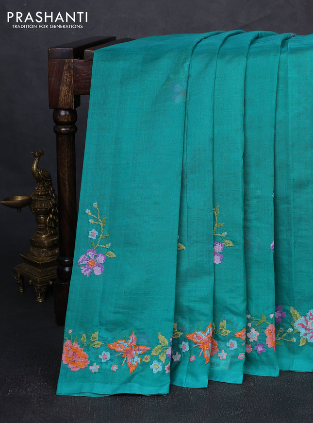 Silk cotton saree teal green with floral convent embroidery buttas and embroidery border