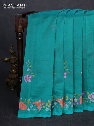 Silk cotton saree teal green with floral convent embroidery buttas and embroidery border