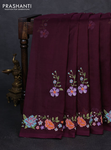 Silk cotton saree deep purple with floral convent embroidery buttas and embroidery border